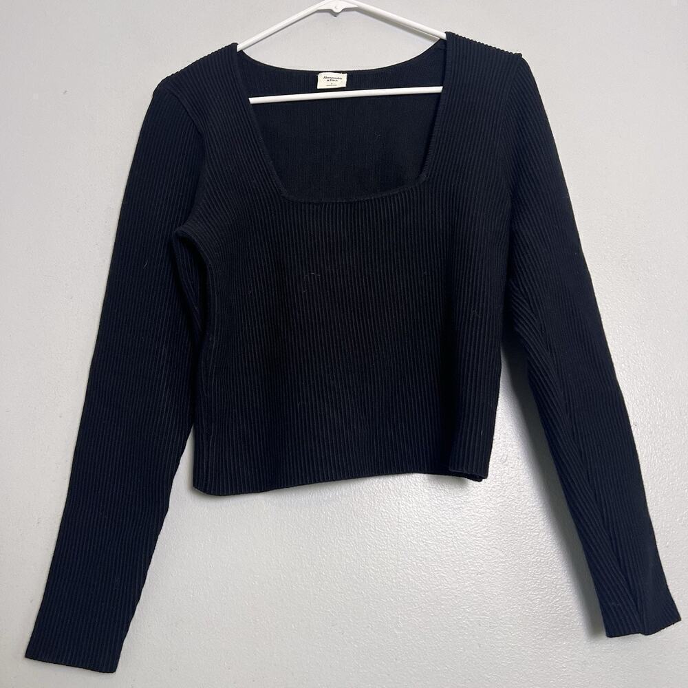 Abercrombie & Fitch Women's Square Neck Ribbed Sweater Black Sz L Stretch boho